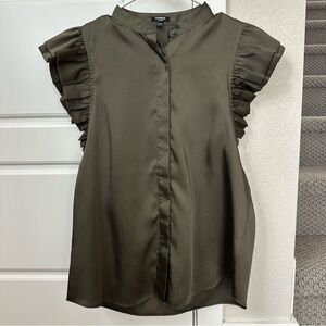 Express Dark Olive Ruffle Sleeve Blouse Silky Satin Button Down Top XS